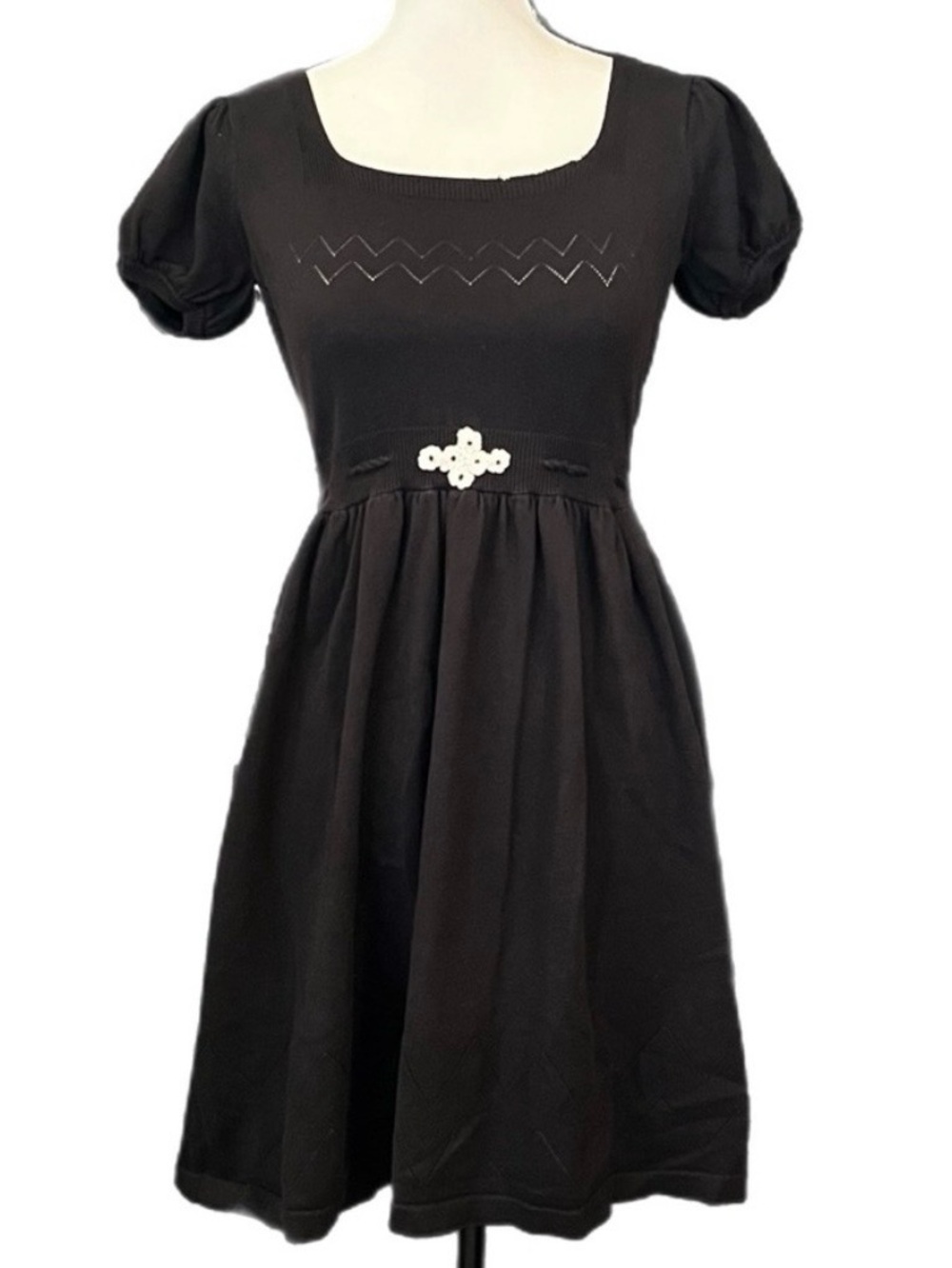 Vintage Betsey Johnson Black Puff-Sleeve Cotton Knit Dress M Milkmaid Grunge